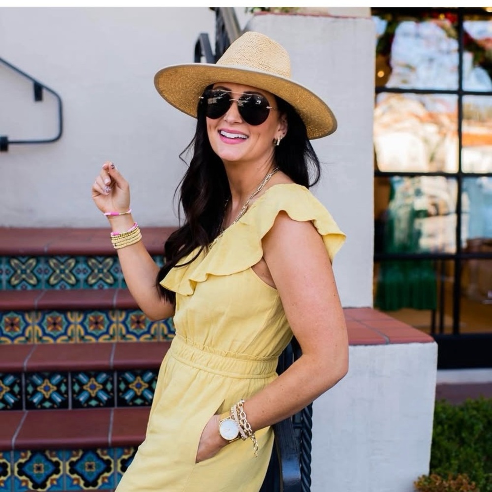 Apricot Lane x Ashley Donielle Yellow One Shoulder Ruffle Romper - Picture 2 of 7